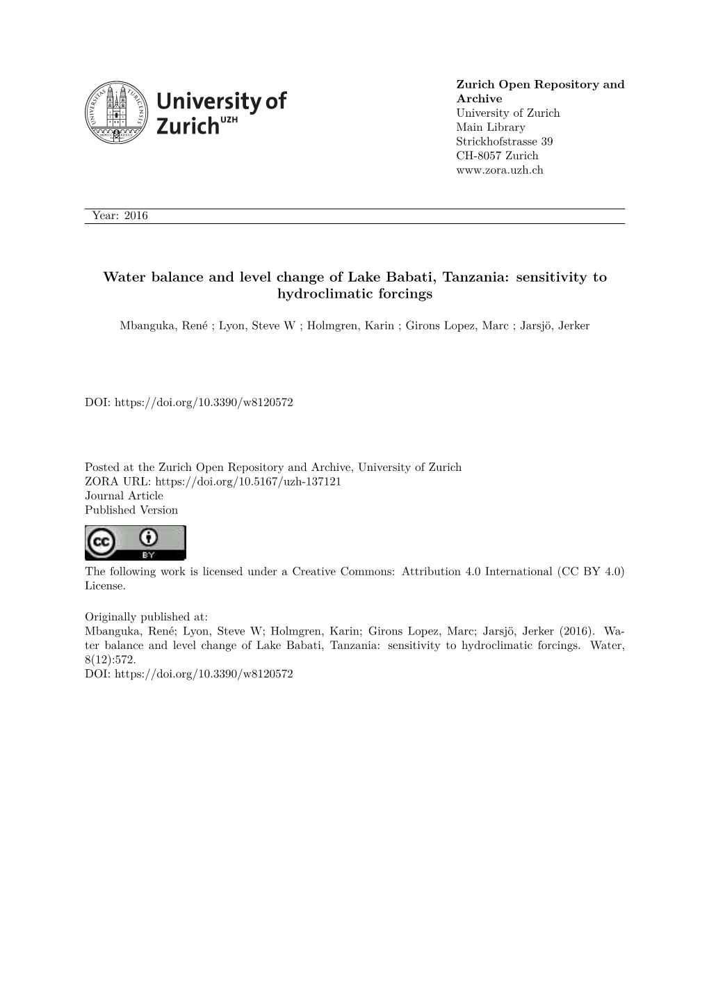 Water Balance and Level Change of Lake Babati, Tanzania: Sensitivity to Hydroclimatic Forcings