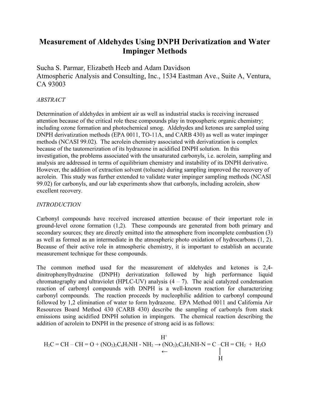 Measurement Of Aldehydes Using DNPH Derivatization And Water Impinger Methods