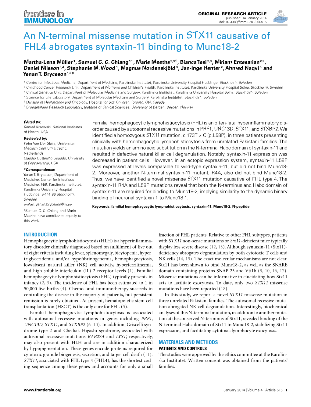 An N-Terminal Missense Mutation in STX11 Causative of FHL4 Abrogates Syntaxin-11 Binding to Munc18-2