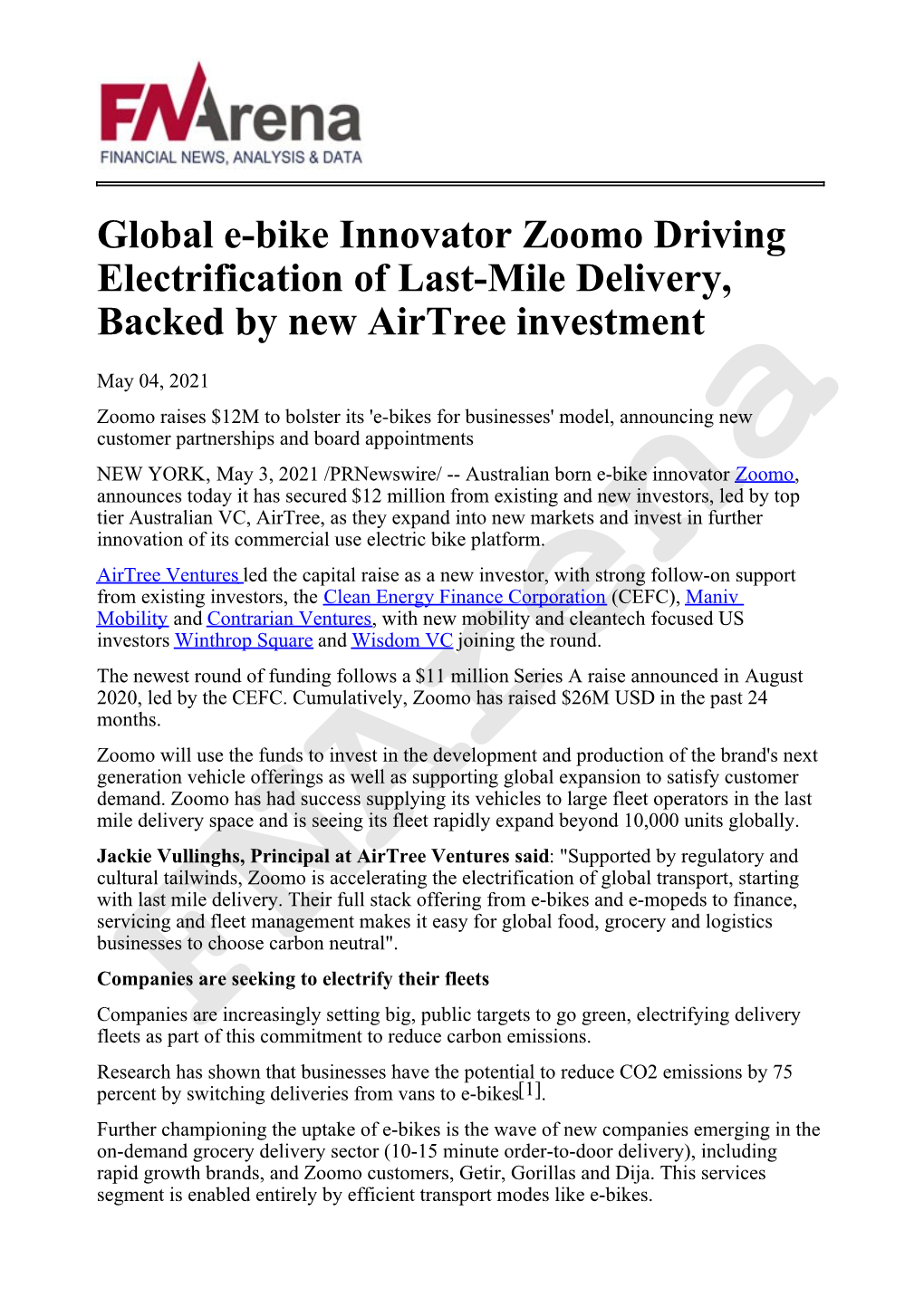 Global E-Bike Innovator Zoomo Driving Electrification of Last-Mile Delivery, Backed by New Airtree Investment