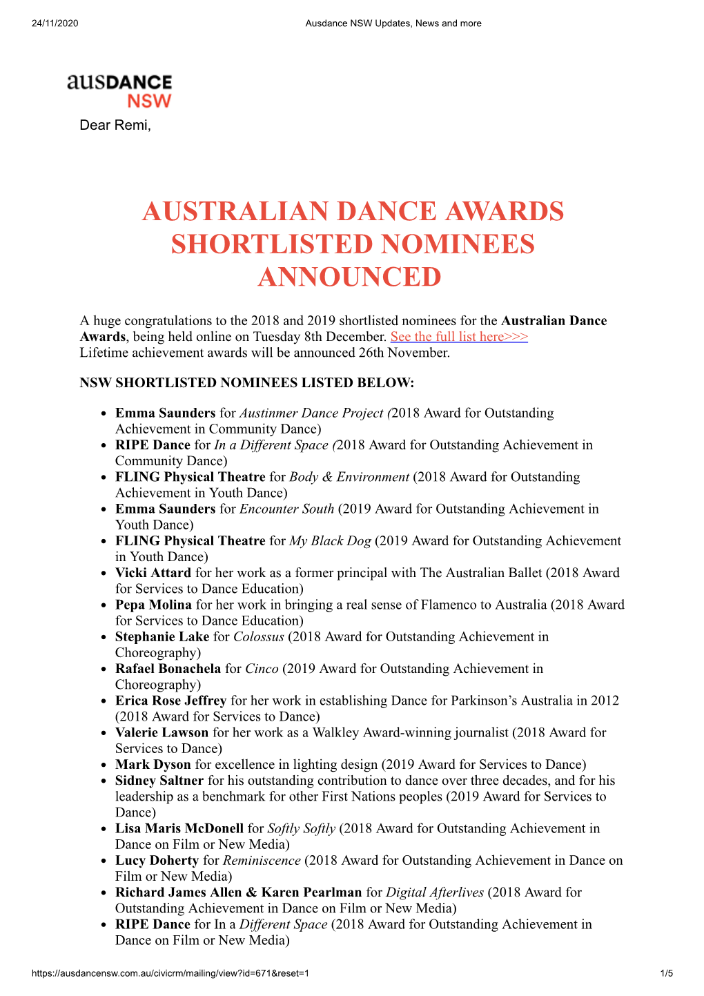 Australian Dance Awards Shortlisted Nominees Announced