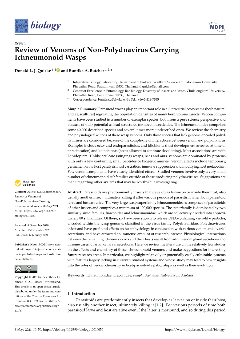 Review of Venoms of Non-Polydnavirus Carrying Ichneumonoid Wasps