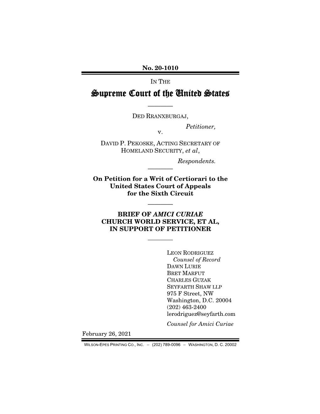 Supreme Court of the United States ———— DED RRANXBURGAJ, Petitioner, V