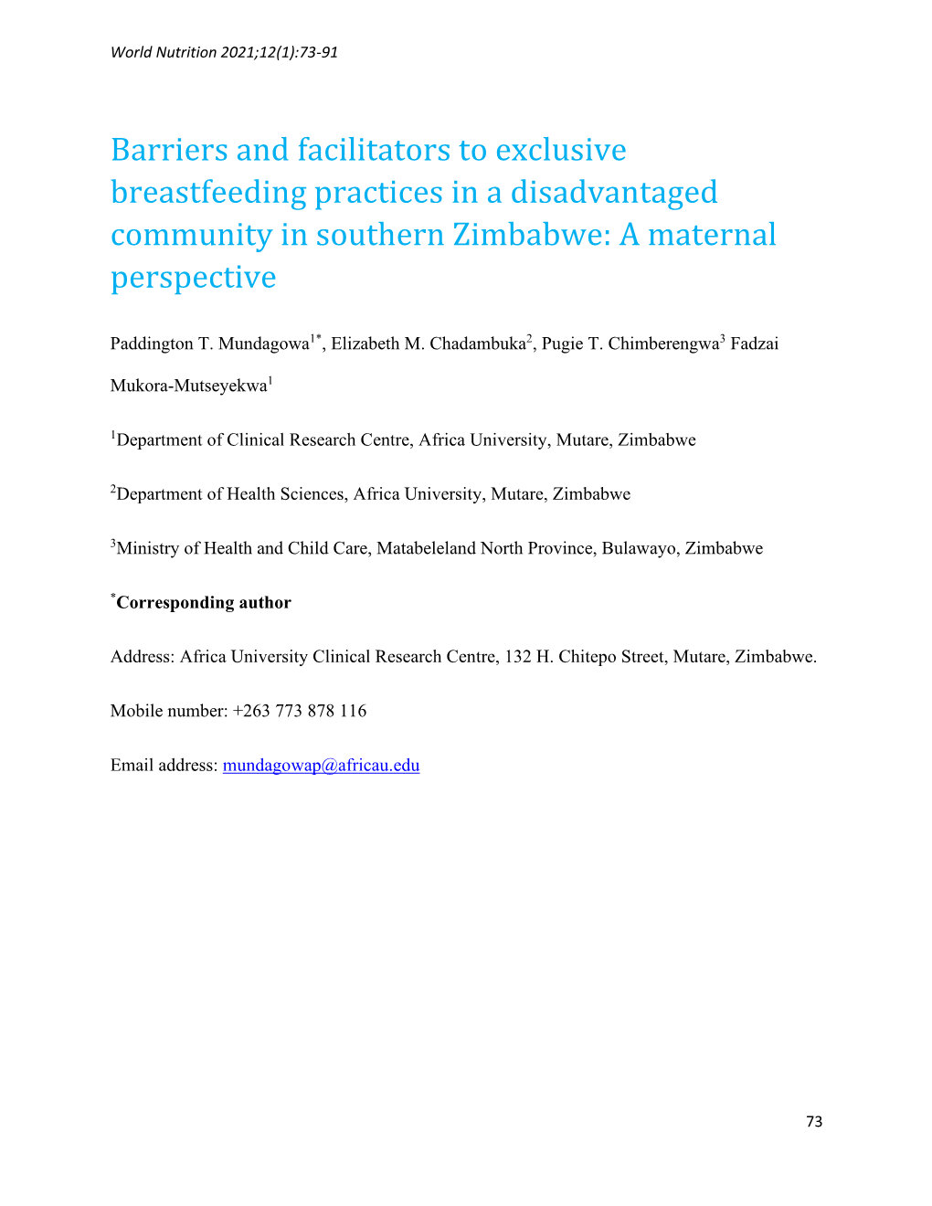 Barriers and Facilitators to Exclusive Breastfeeding Practices in a Disadvantaged Community in Southern Zimbabwe: a Maternal Perspective