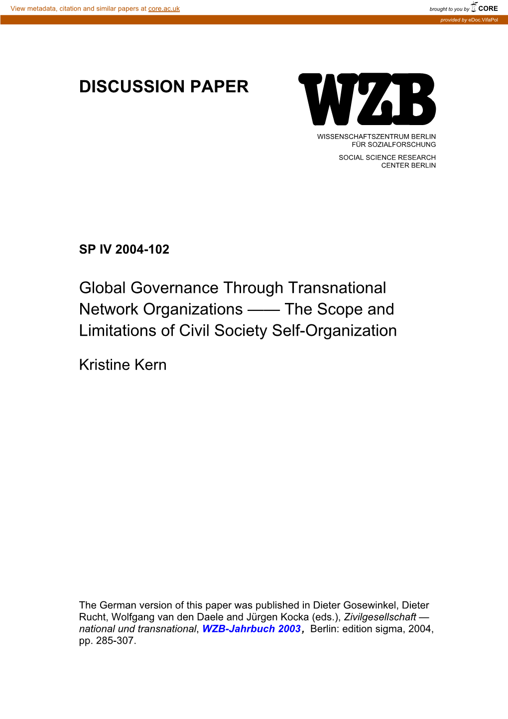Global Governance Through Transnational Network Organizations —— the Scope and Limitations of Civil Society Self-Organization