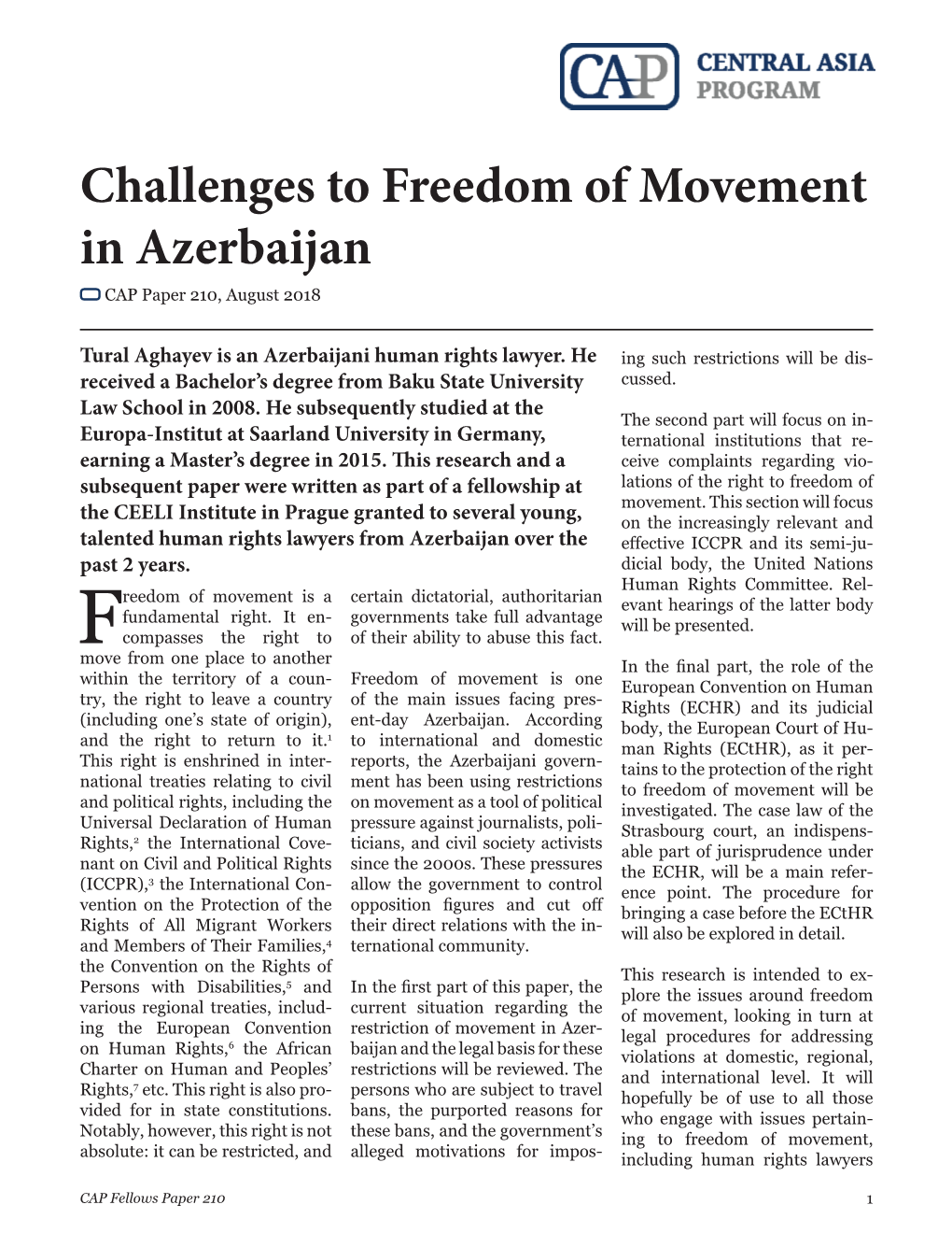 Challenges to Freedom of Movement in Azerbaijan CAP Paper 210, August 2018