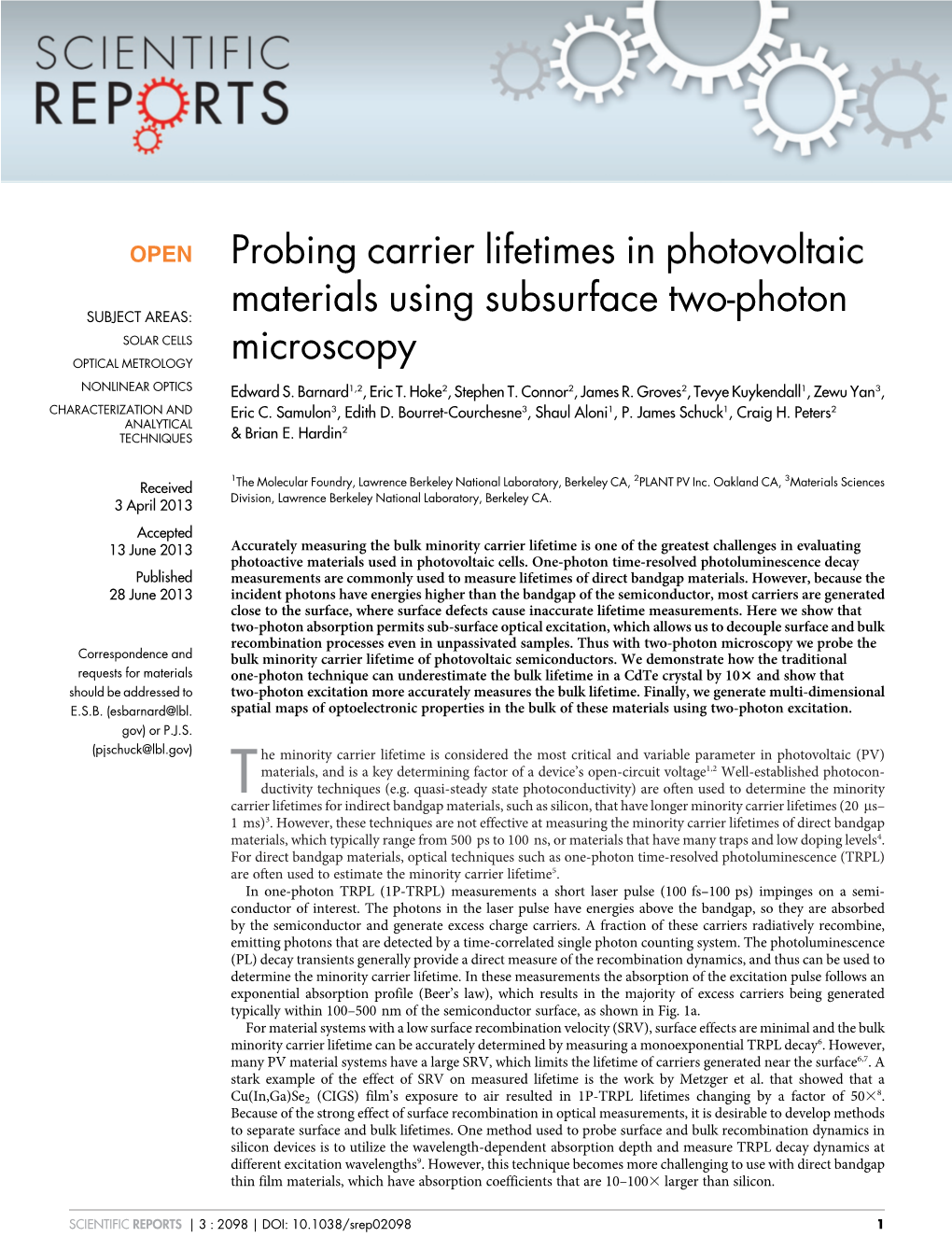 Probing Carrier Lifetimes in Photovoltaic Materials Using Subsurface Two-Photon Microscopy