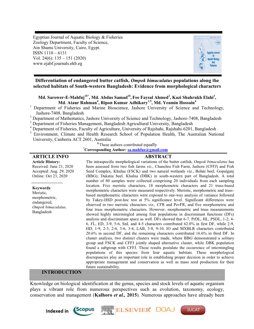 Differentiation of Endangered Butter Catfish, Ompok Bimaculatus