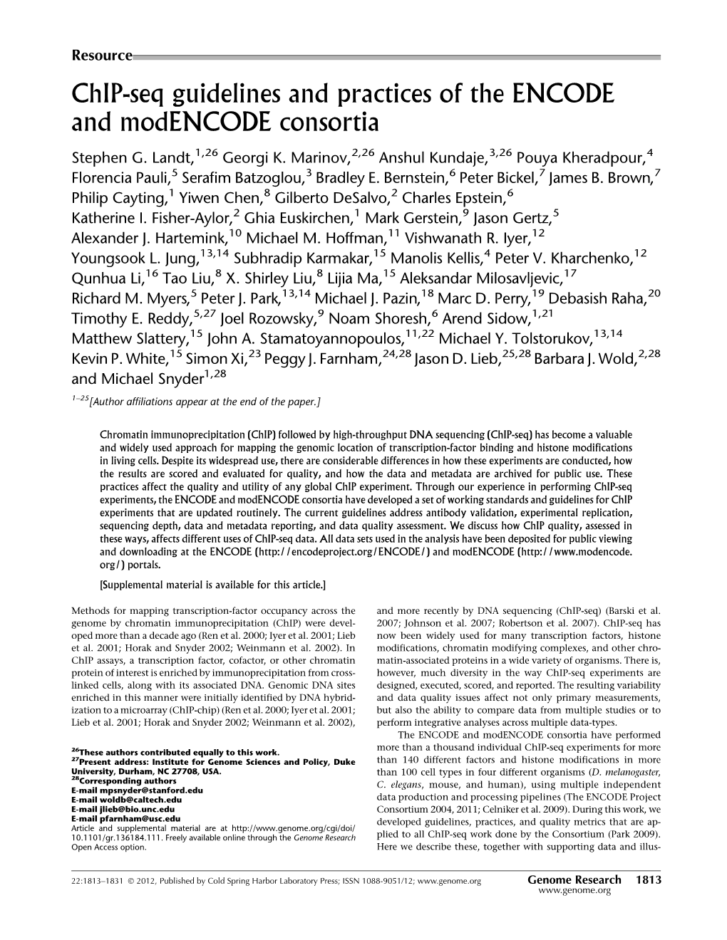 Chip-Seq Guidelines and Practices of the ENCODE and Modencode Consortia