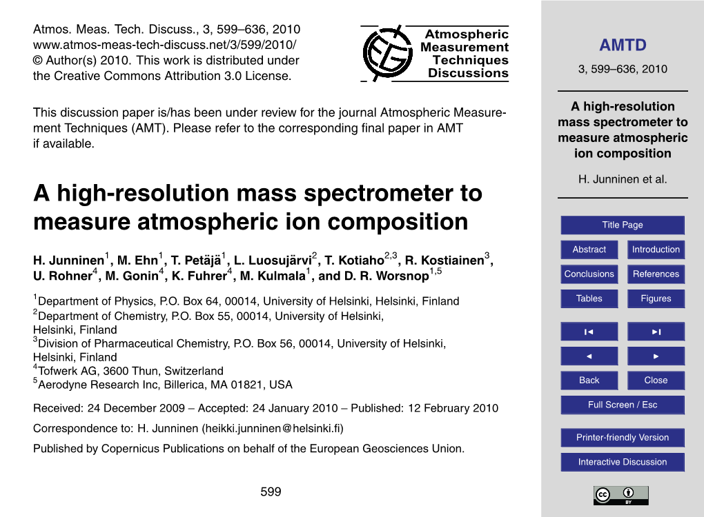 A High-Resolution Mass Spectrometer to Measure Atmospheric Ion Composition Title Page