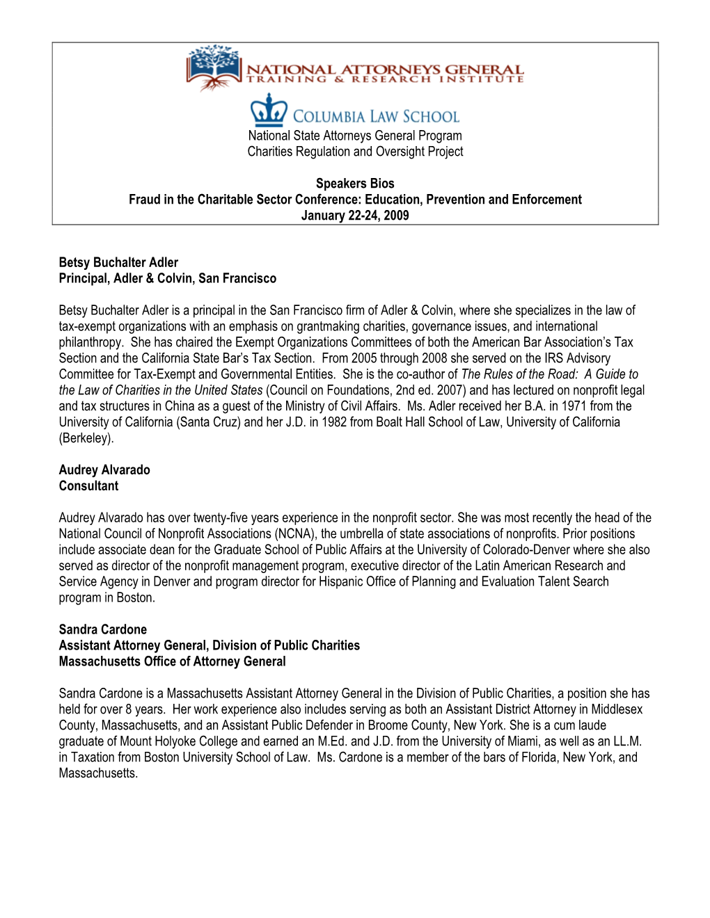 National State Attorneys General Program Charities Regulation and Oversight Project Speakers Bios Fraud in the Charitable Sector