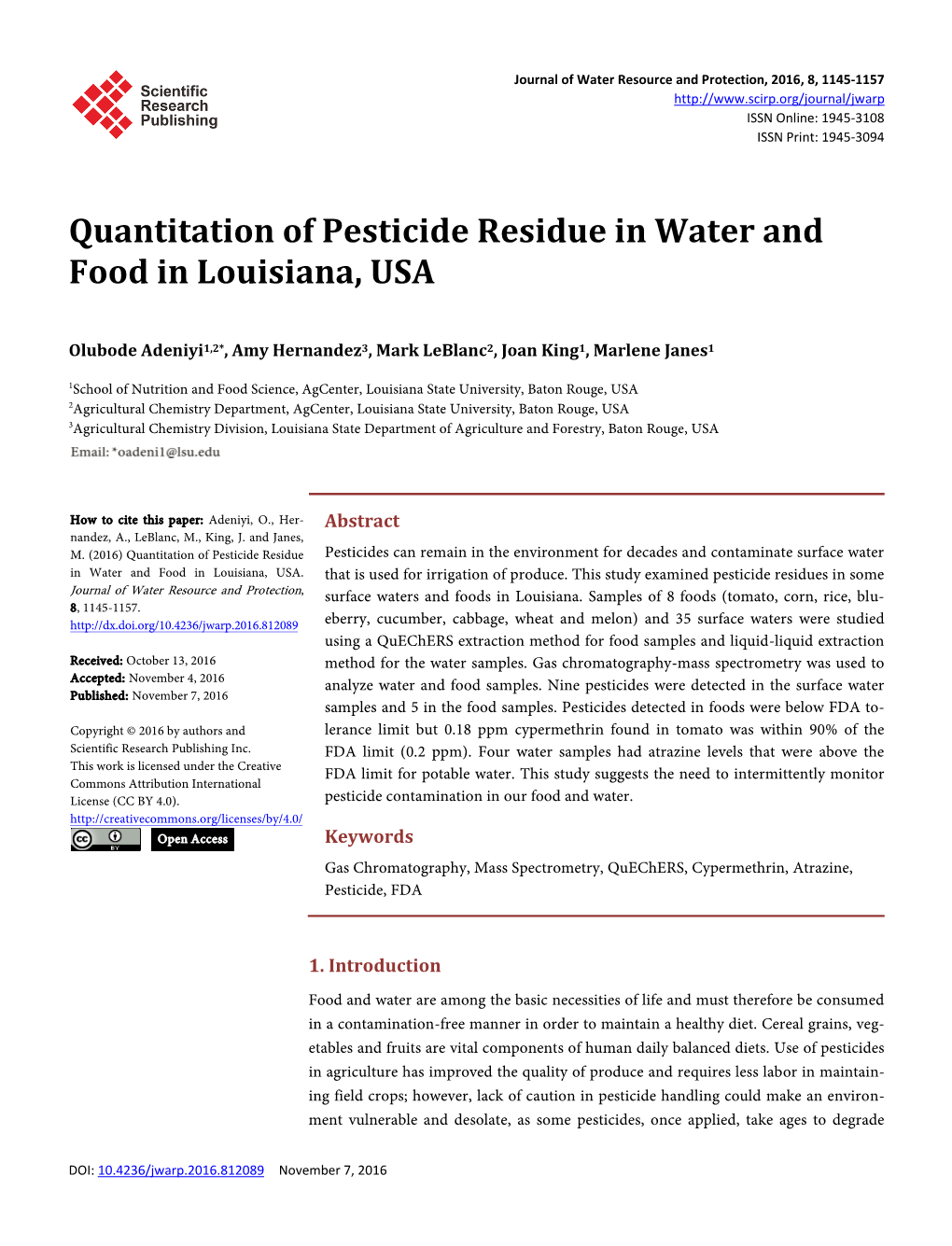 Quantitation of Pesticide Residue in Water and Food in Louisiana, USA