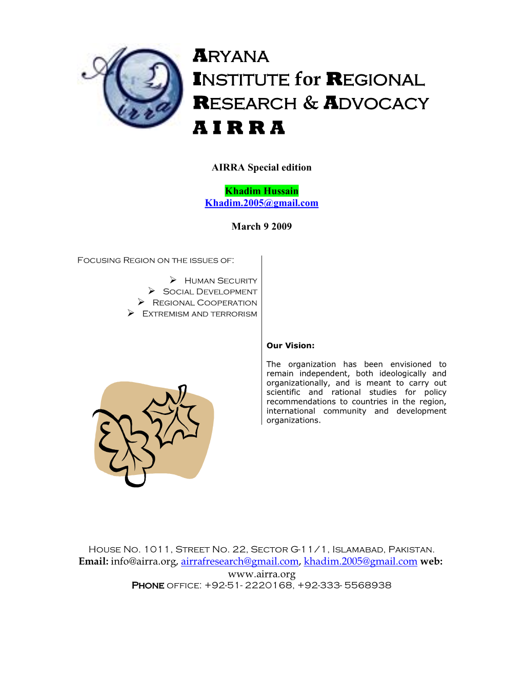 Aryana Institute for Regional Research & Advocacy a I R