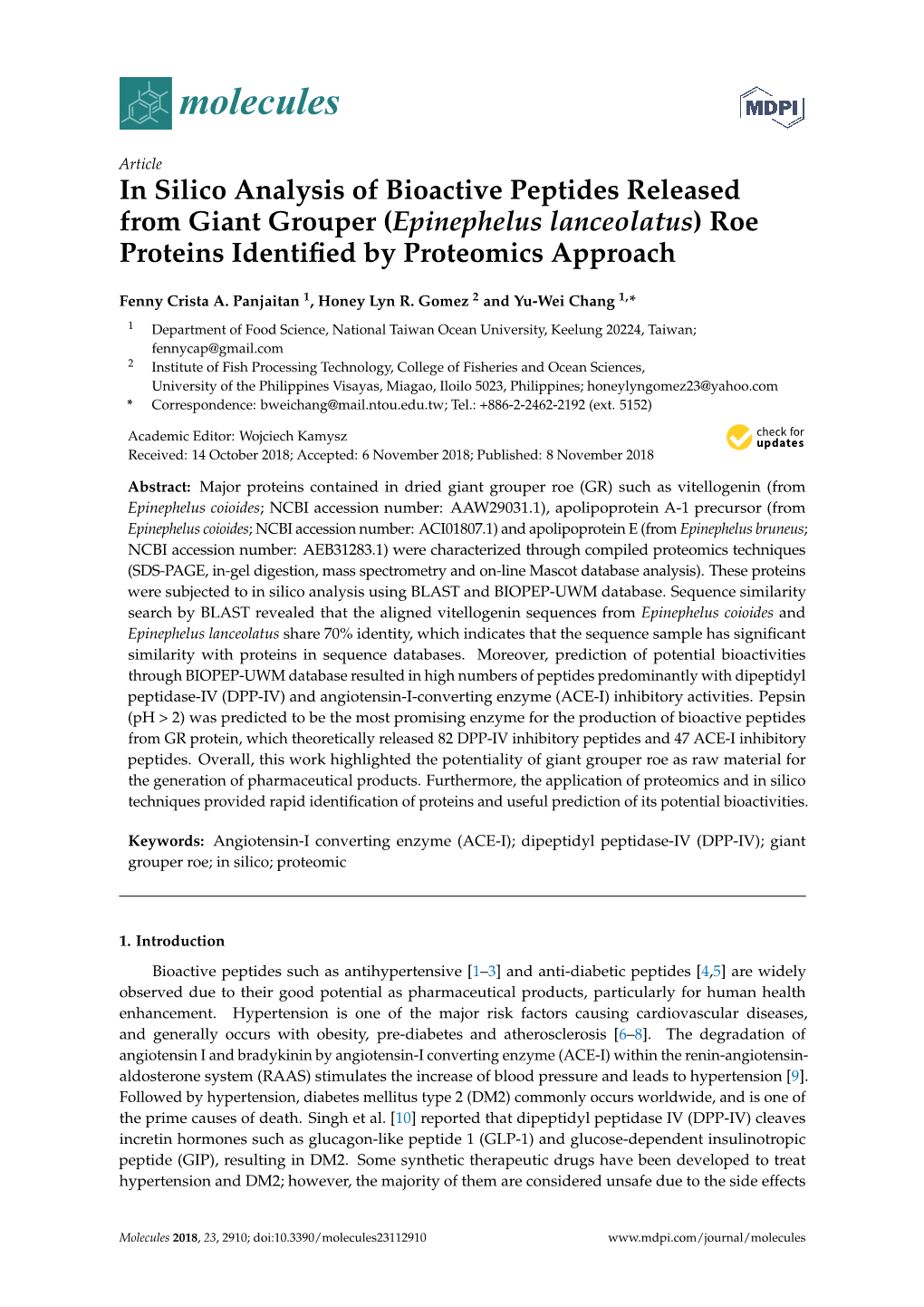 In Silico Analysis of Bioactive Peptides Released from Giant Grouper (Epinephelus Lanceolatus) Roe Proteins Identiﬁed by Proteomics Approach