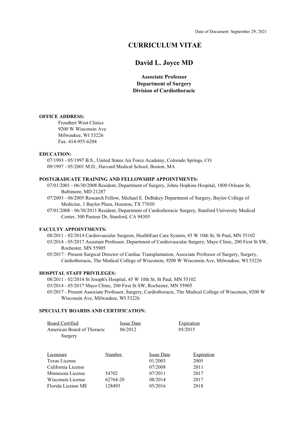 David L. Joyce MD Curriculum Vitae CV