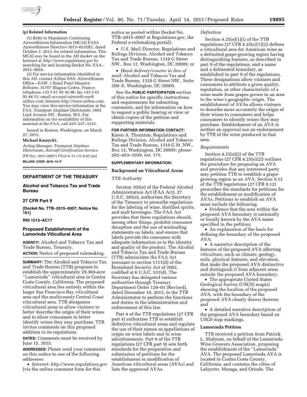 Federal Register/Vol. 80, No. 71/Tuesday, April 14, 2015