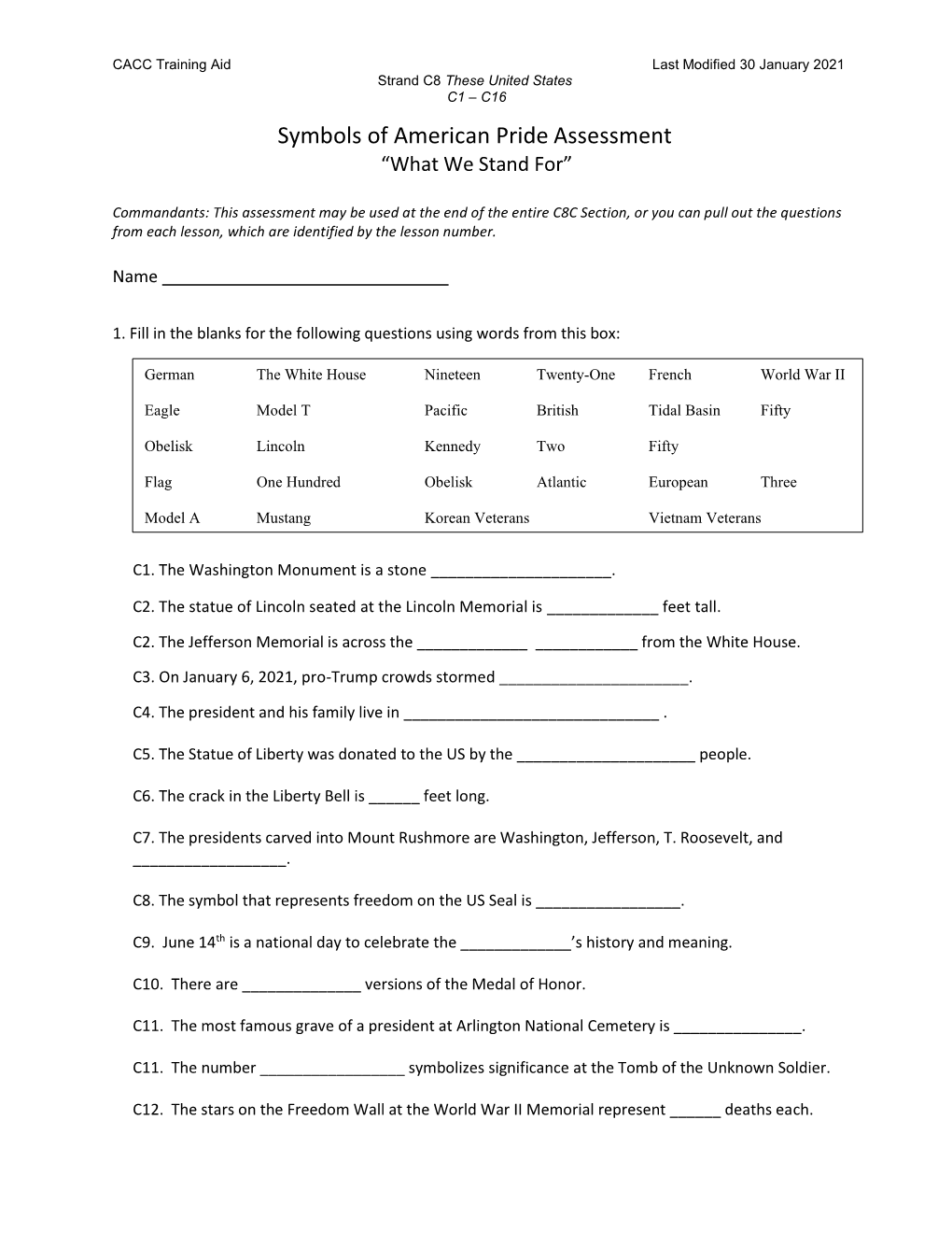 Symbols of American Pride Assessment “What We Stand For”