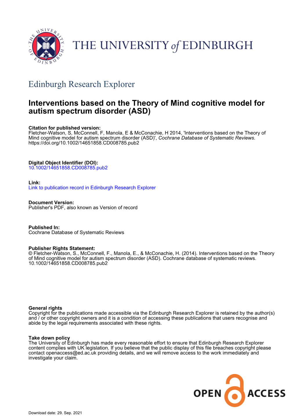 Interventions Based on the Theory of Mind Cognitive Model for Autism Spectrum Disorder (ASD)