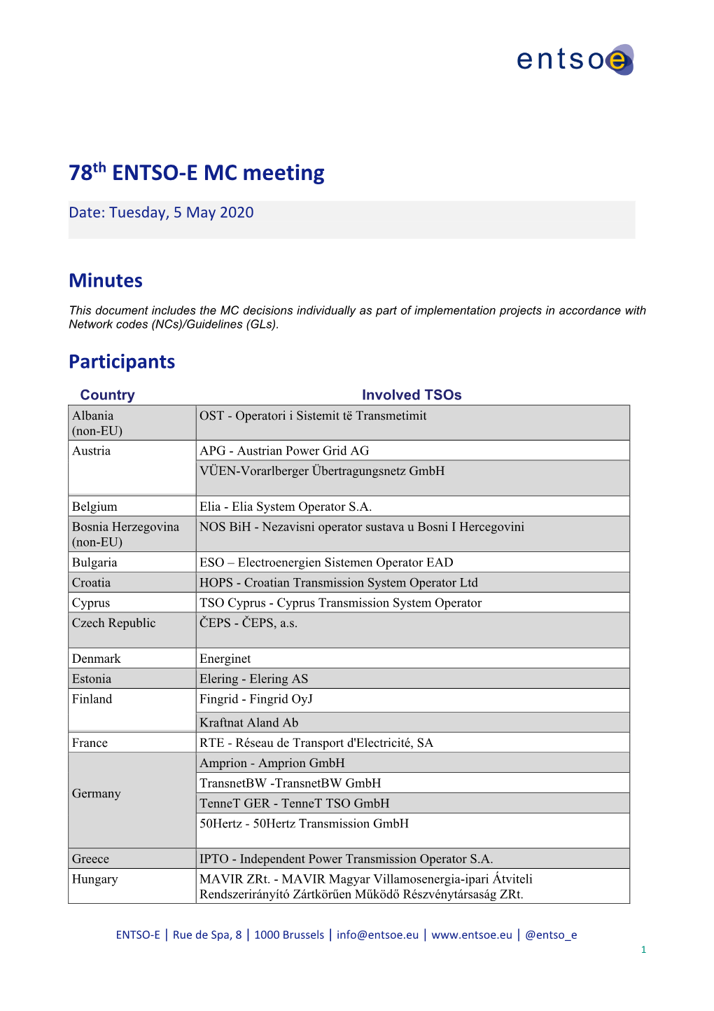 78Th ENTSO-E MC Meeting