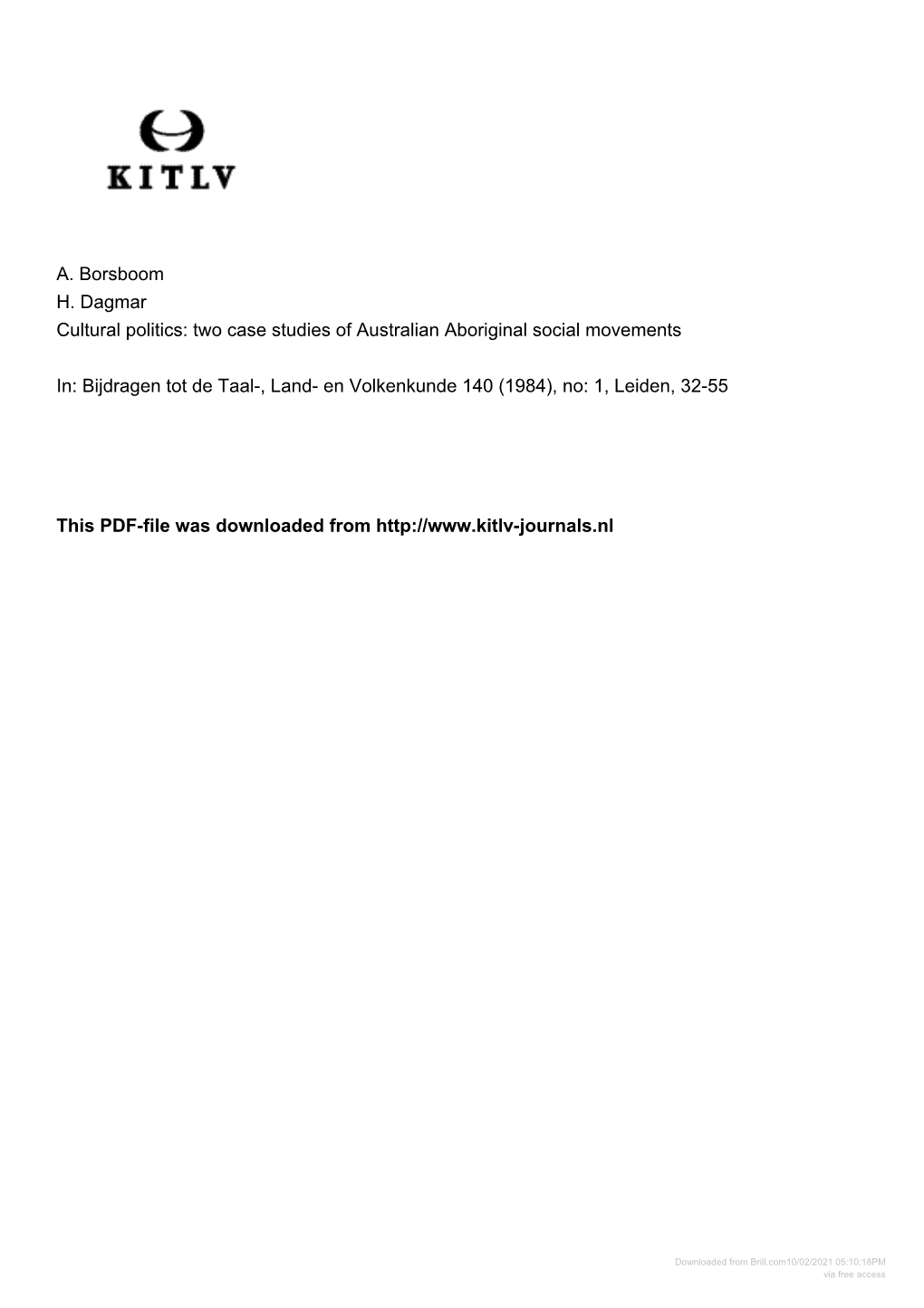 A. Borsboom H. Dagmar Cultural Politics: Two Case Studies of Australian Aboriginal Social Movements