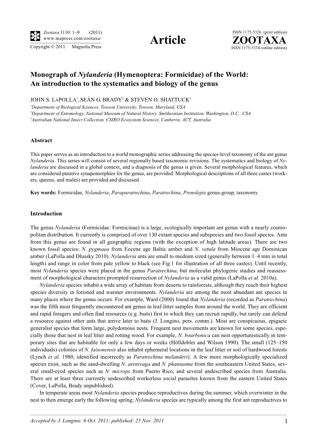 Monograph of Nylanderia (Hymenoptera: Formicidae) of the World: an Introduction to the Systematics and Biology of the Genus