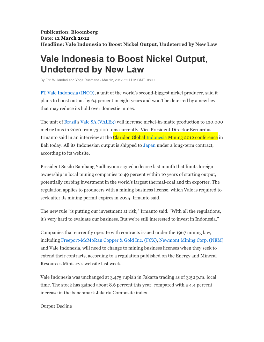 Vale Indonesia to Boost Nickel Output, Undeterred by New Law Vale Indonesia to Boost Nickel Output, Undeterred by New Law