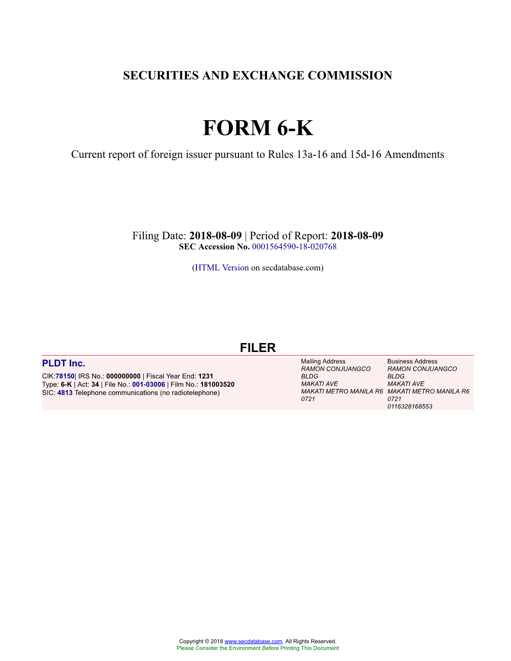 PLDT Inc. Form 6-K Current Event Report Filed 2018-08-09