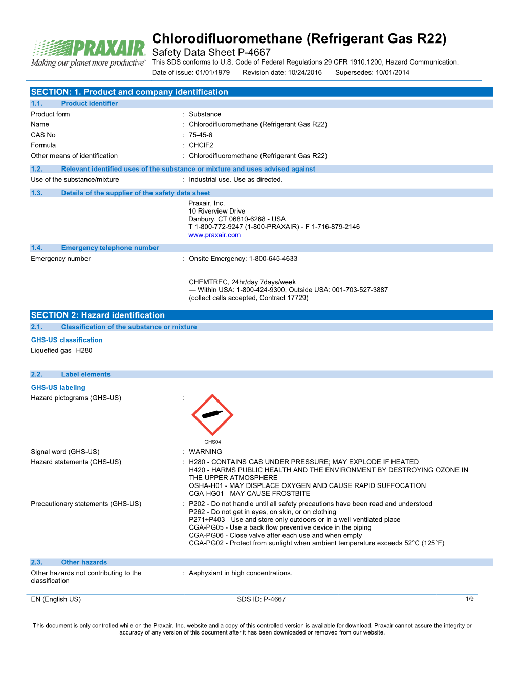 Chlorodifluoromethane (R22) Safety Data Sheet SDS P4667