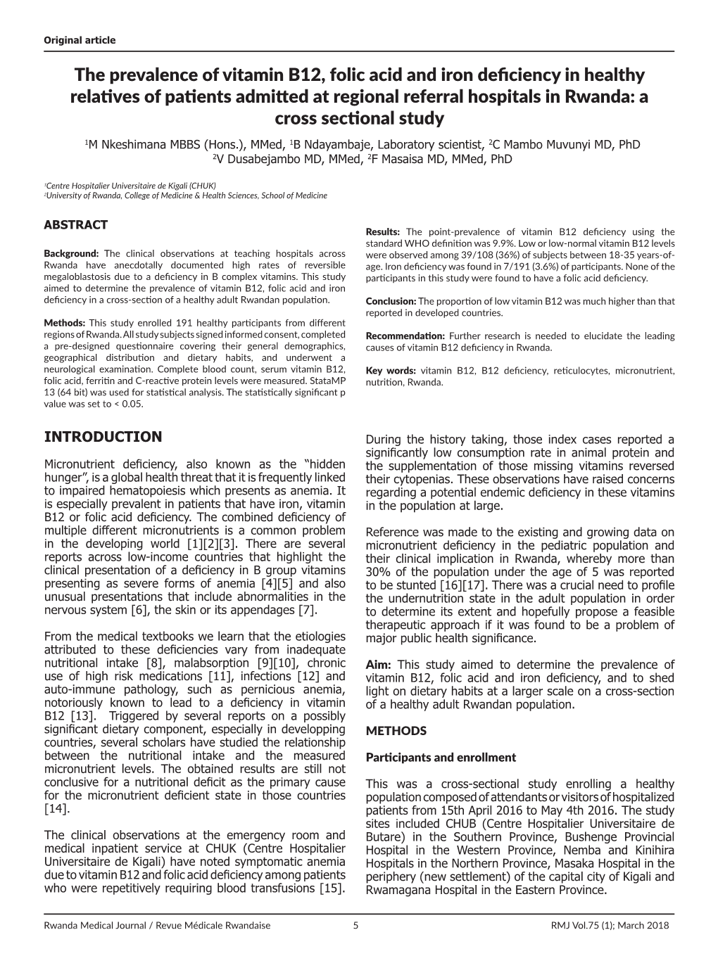 The Prevalence of Vitamin B12, Folic Acid and Iron Deficiency in Healthy