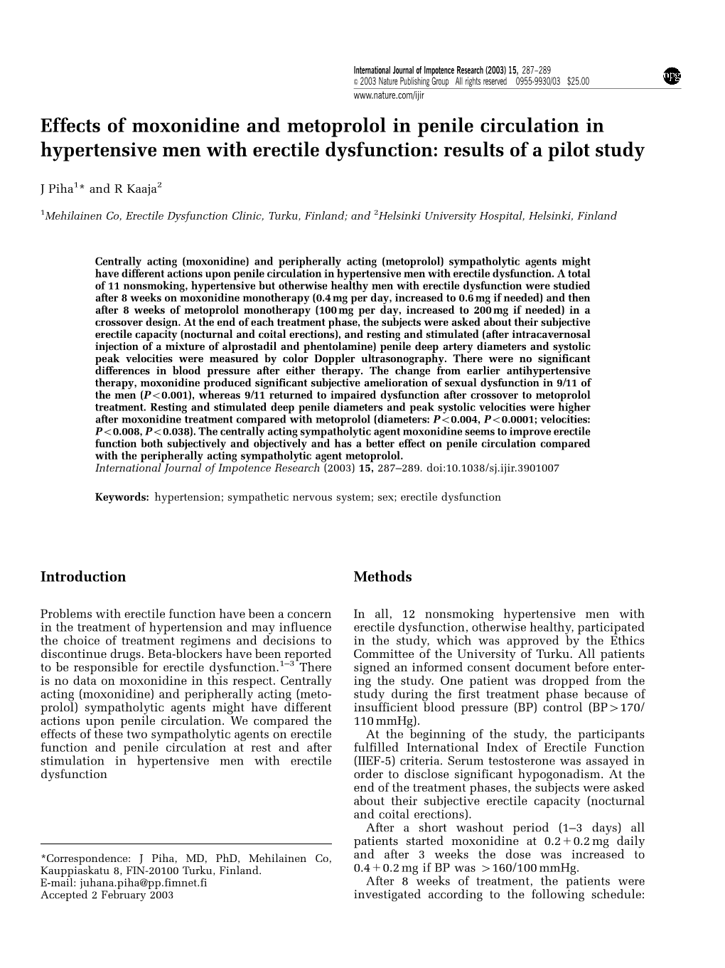 Effects of Moxonidine and Metoprolol in Penile Circulation in Hypertensive Men with Erectile Dysfunction: Results of a Pilot Study