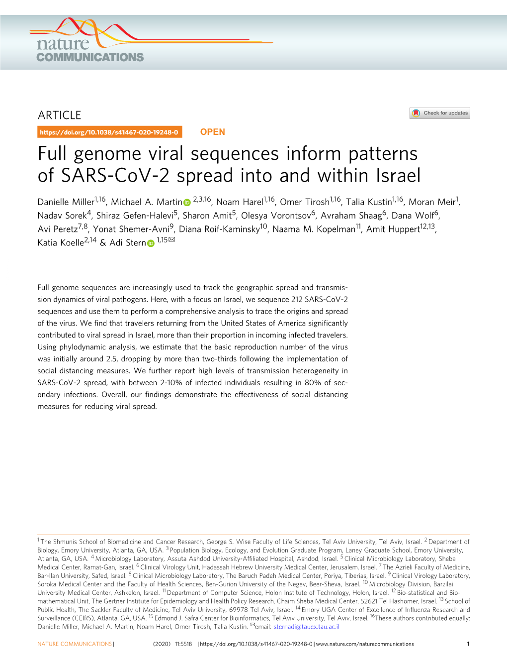 Full Genome Viral Sequences Inform Patterns of SARS-Cov-2 Spread Into and Within Israel