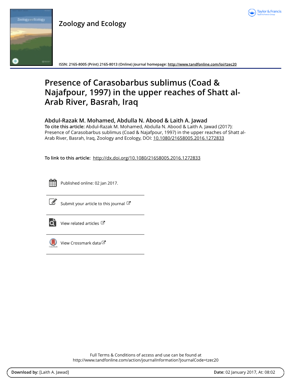 Presence of Carasobarbus Sublimus (Coad & Najafpour, 1997)