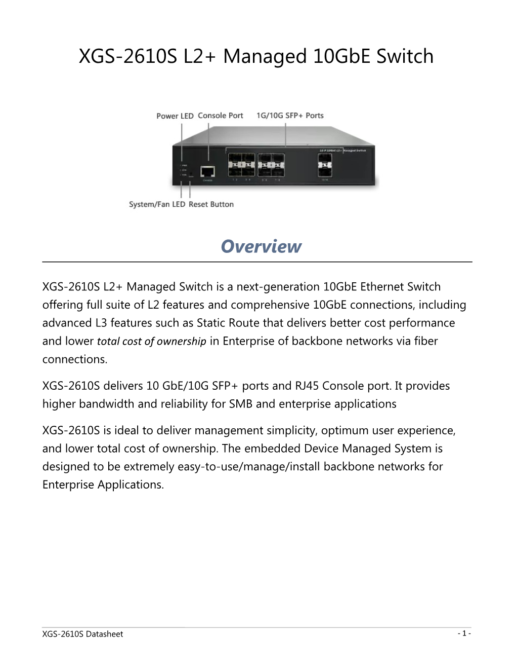 XGS-2610S L2+ Managed 10Gbe Switch