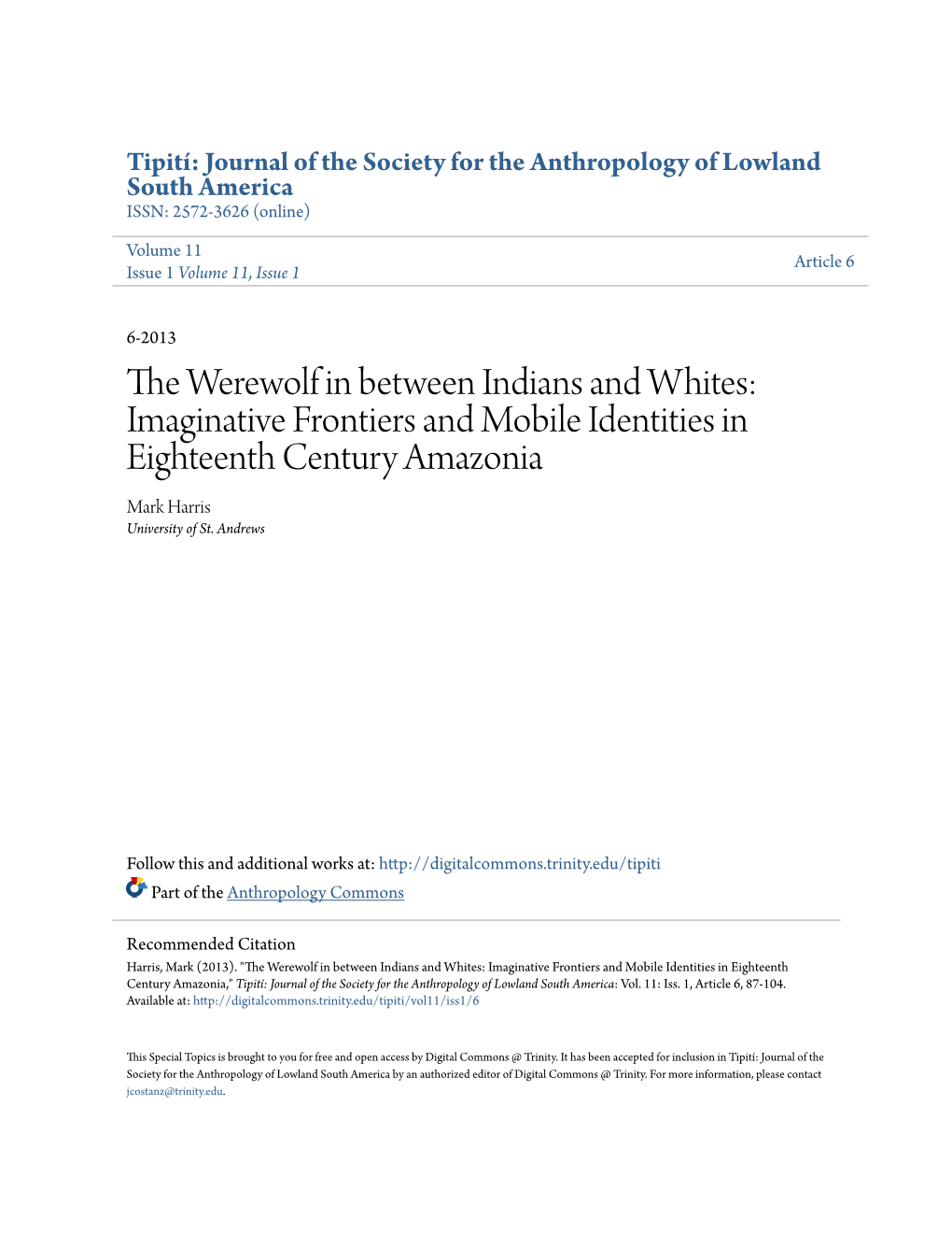 The Werewolf in Between Indians and Whites: Imaginative Frontiers and Mobile Identities in Eighteenth Century Amazonia