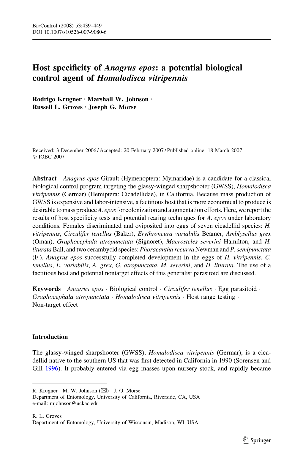 Host Specificity of Anagrus Epos