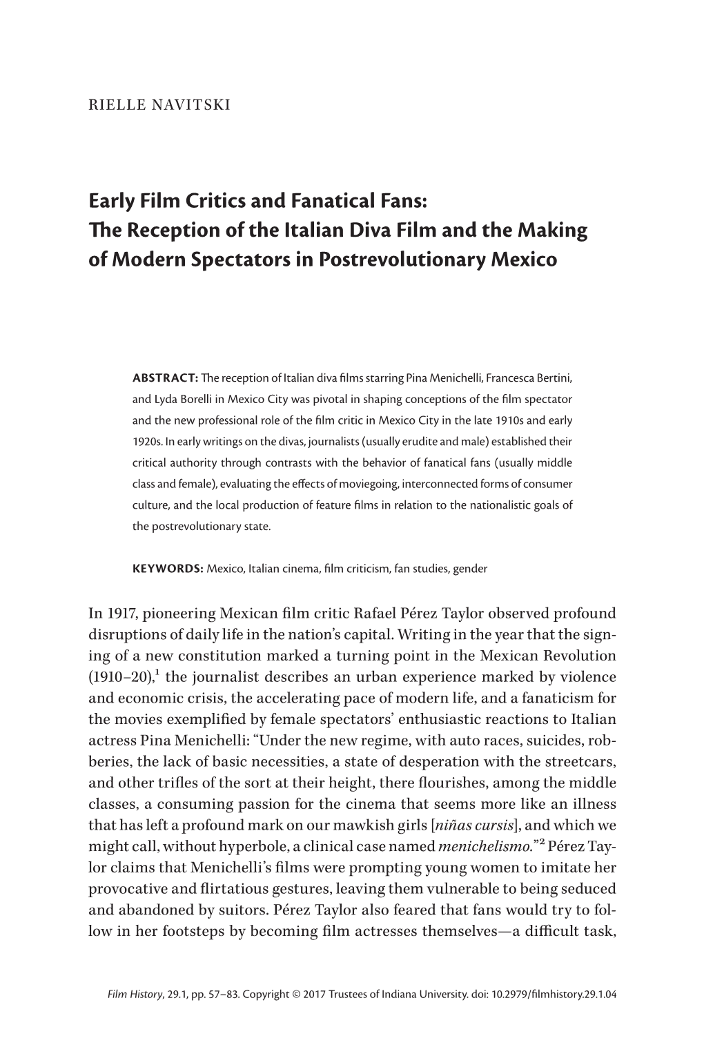 Early Film Critics and Fanatical Fans: the Reception of the Italian Diva Film and the Making of Modern Spectators in Postrevolutionary Mexico