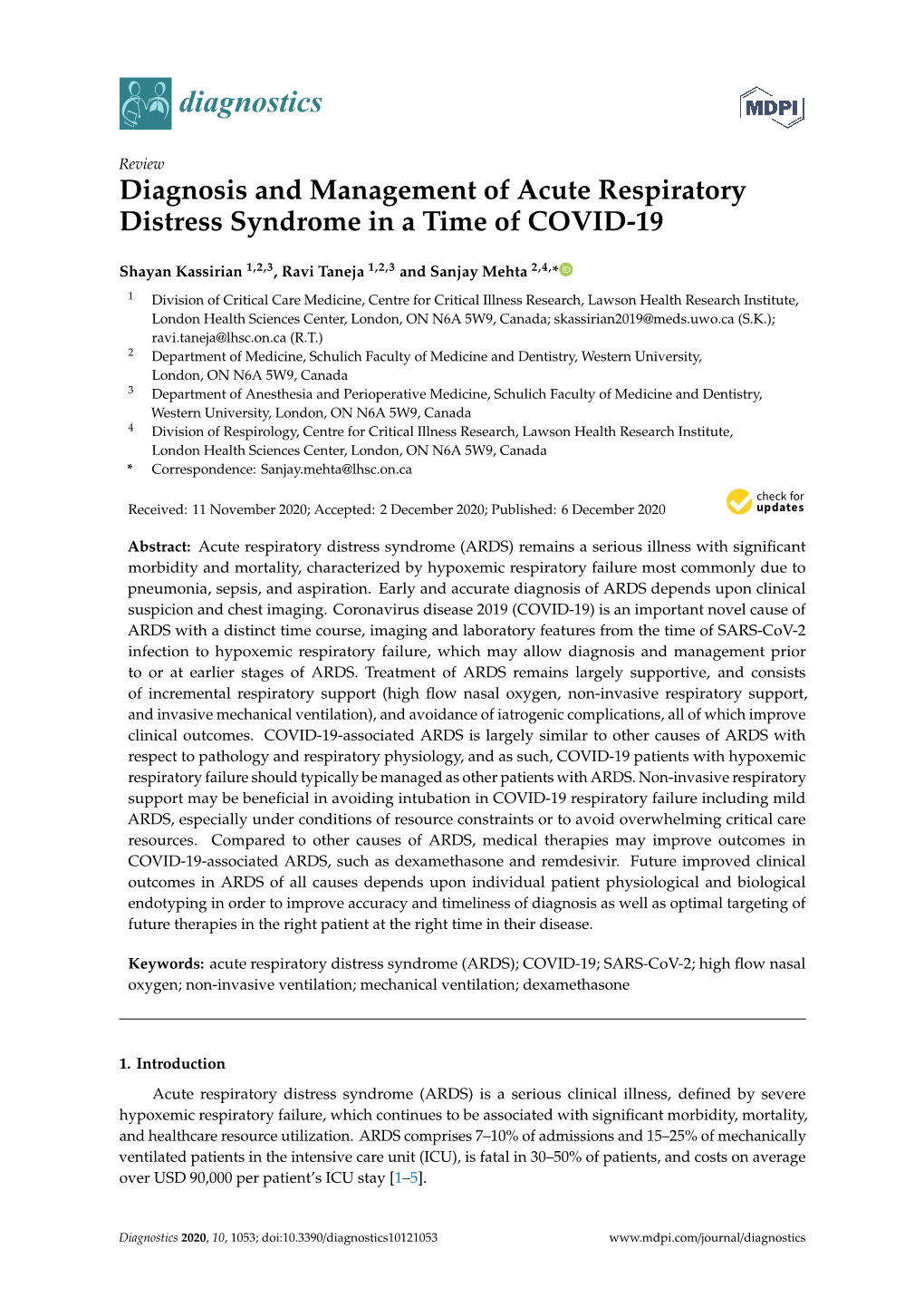 Diagnosis and Management of Acute Respiratory Distress Syndrome in a Time of COVID-19