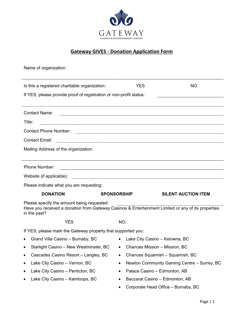 Gateway GIVES - Donation Application Form