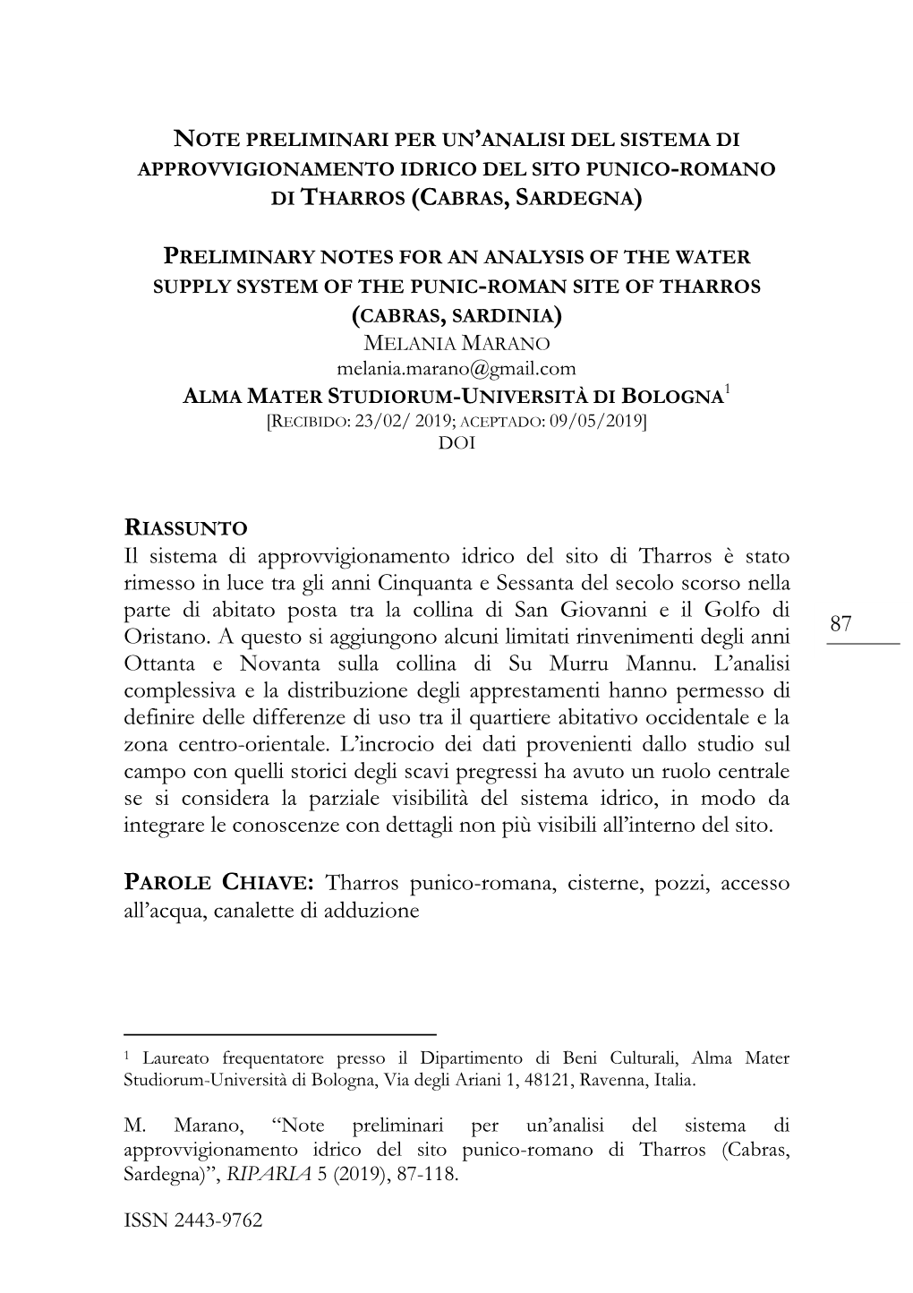 87 Il Sistema Di Approvvigionamento Idrico Del Sito Di Tharros È Stato