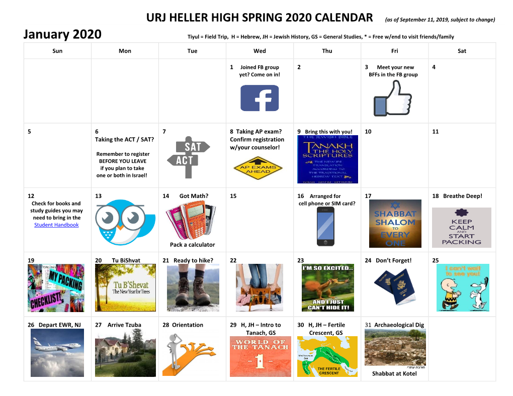 URJ HELLER HIGH SPRING 2020 CALENDAR (As of September 11, 2019, Subject to Change)