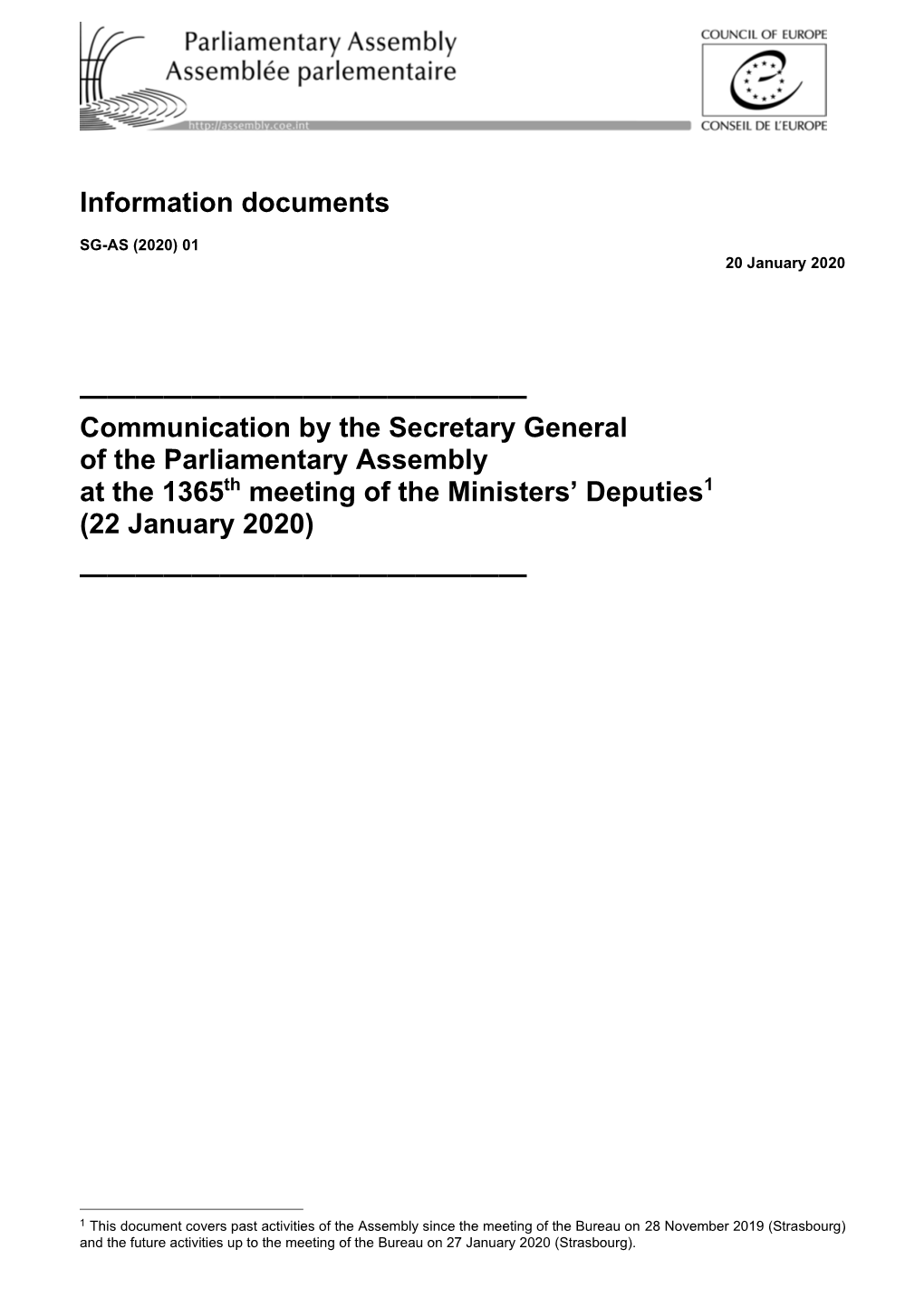 Communication by the Secretary General of the Parliamentary Assembly at the 1365Th Meeting of the Ministers’ Deputies1 (22 January 2020)