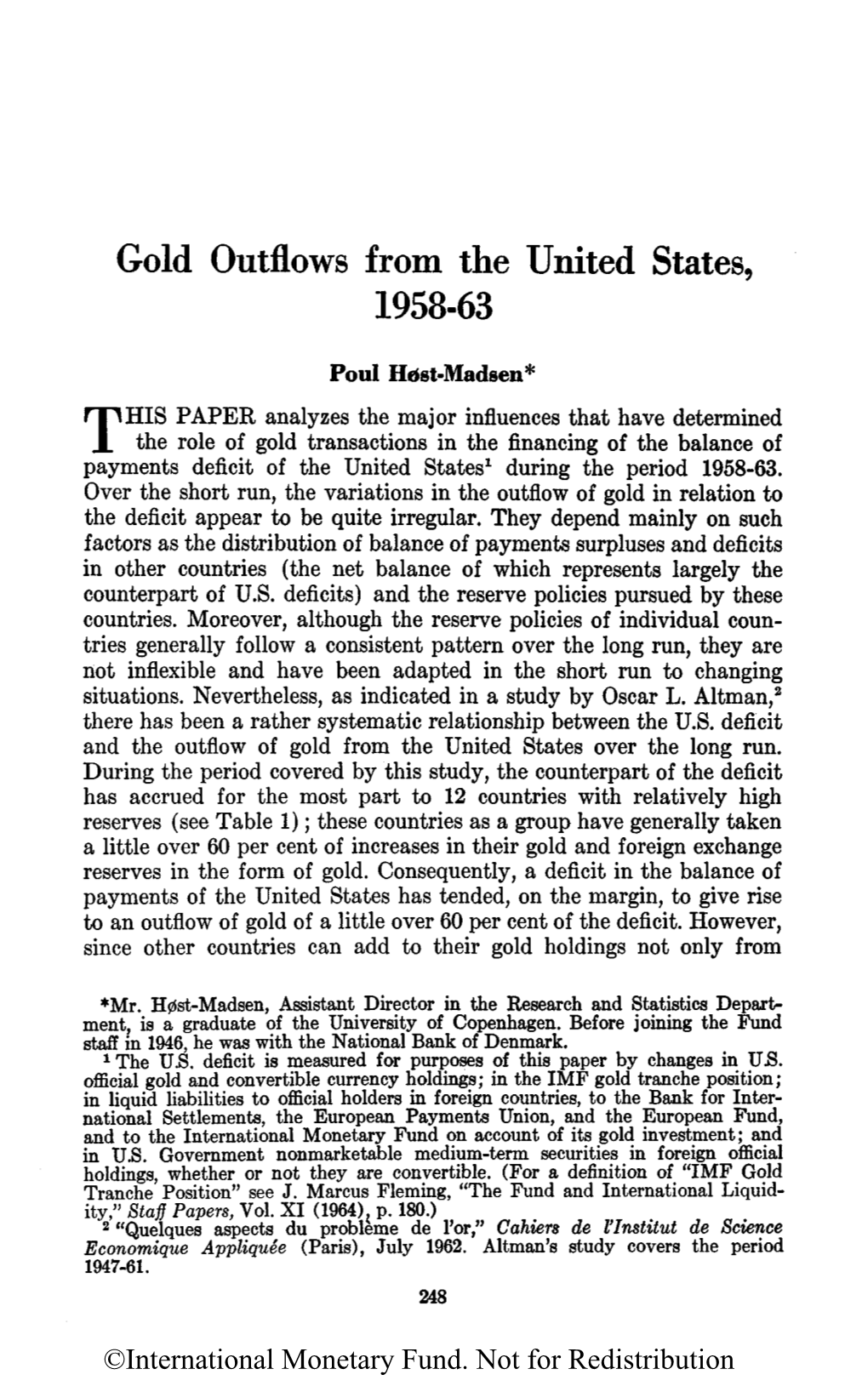 Gold Outflows from the United States, 1958-63