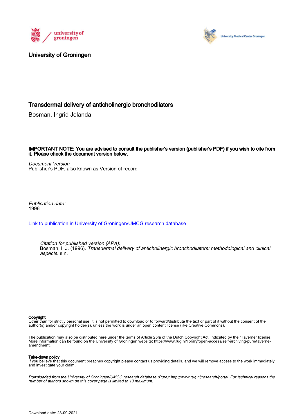 University of Groningen Transdermal Delivery of Anticholinergic