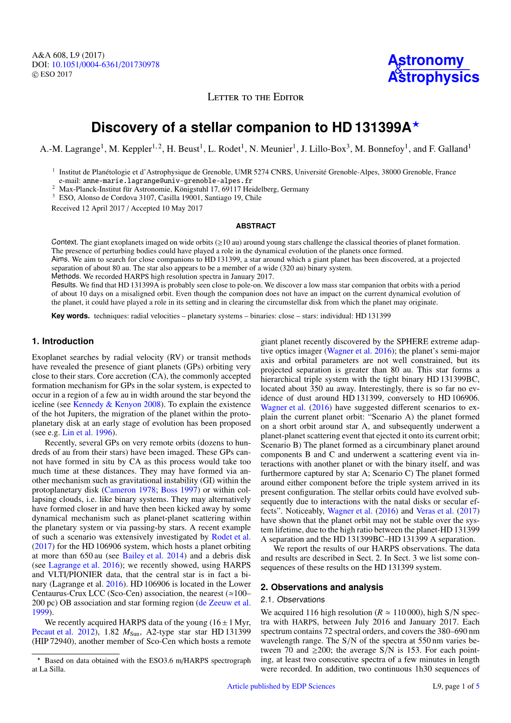 Discovery of a Stellar Companion to HD 131399A? A.-M