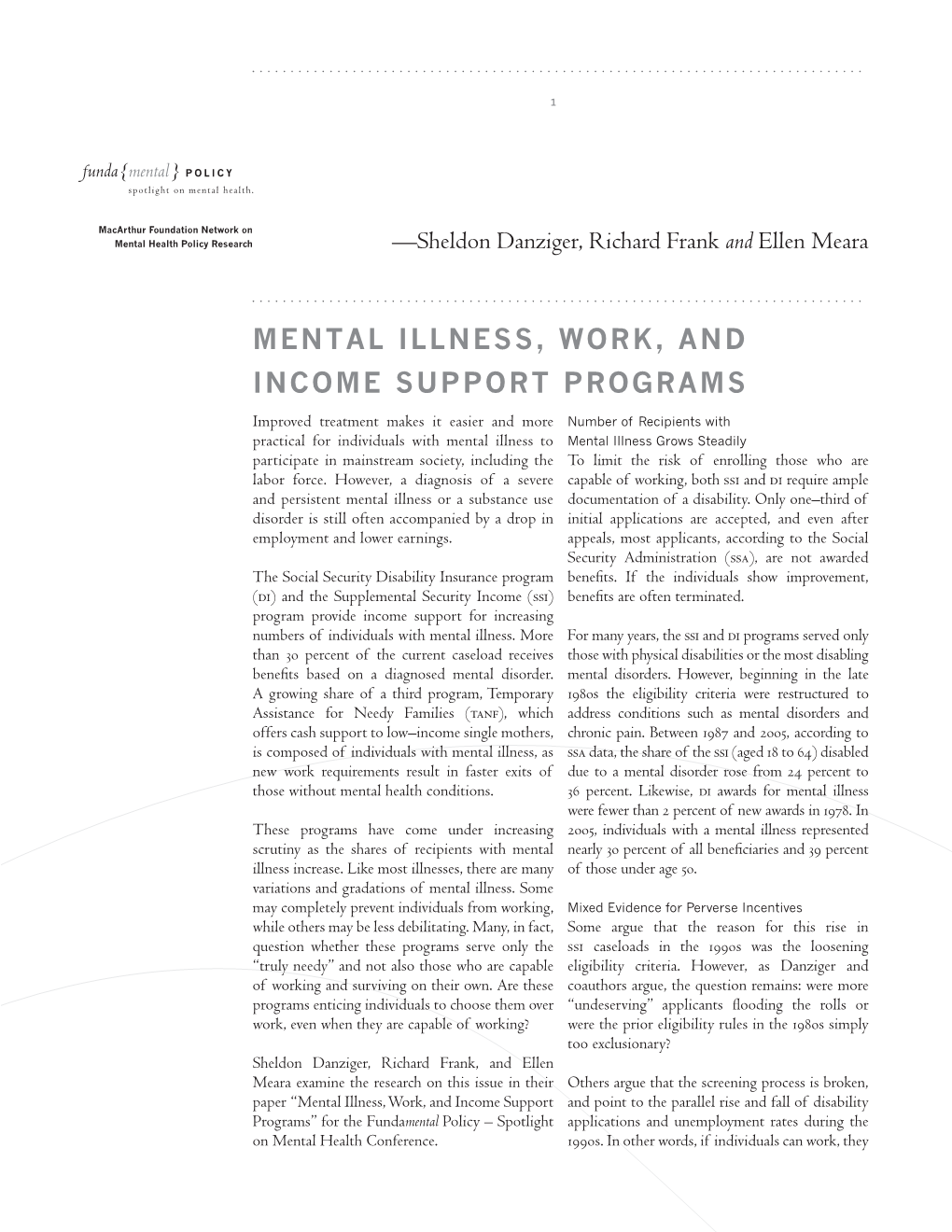Mental Illness, Work, and Income Support Programs