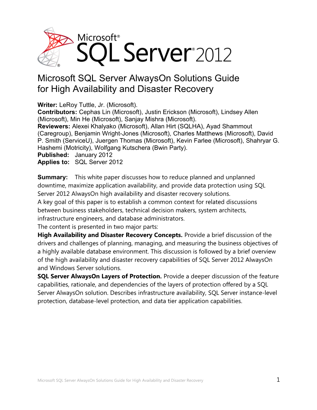 Microsoft SQL Server Alwayson Solutions Guide For High Availability And Disaster Recovery