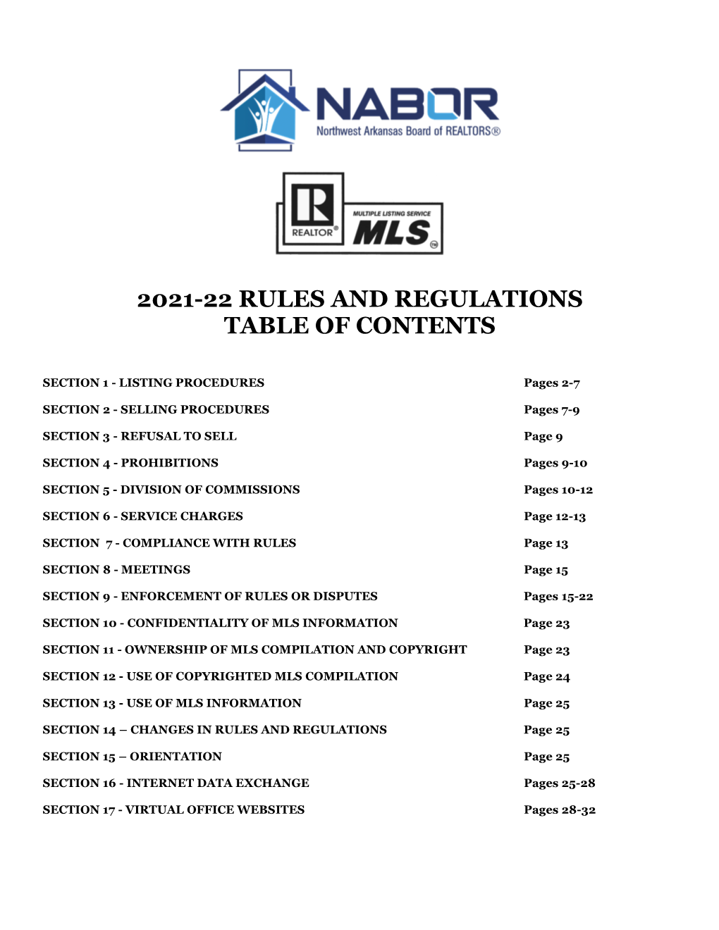 2020-21 Rules and Regulations Table of Contents