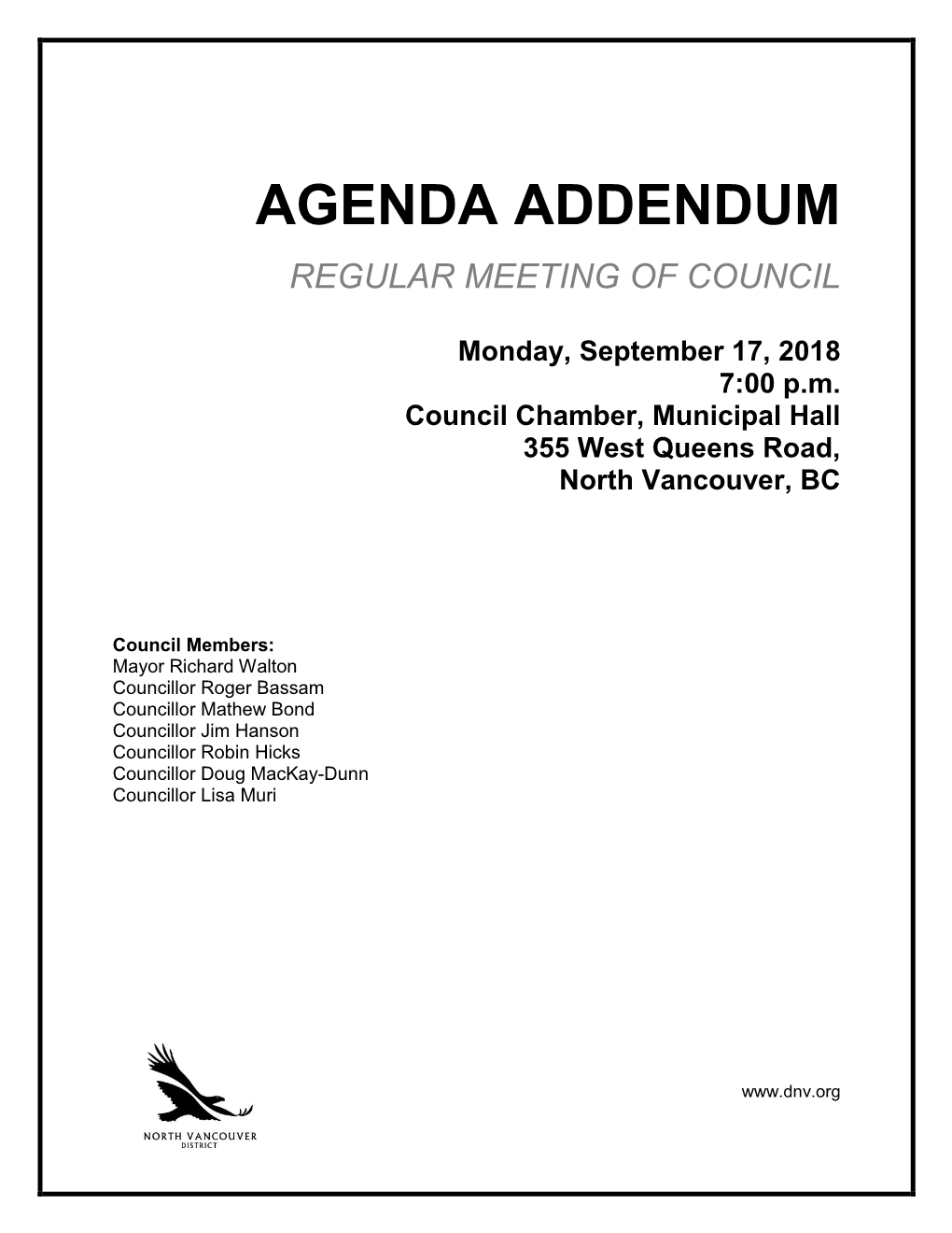 Agenda Addendum Regular Meeting of Council