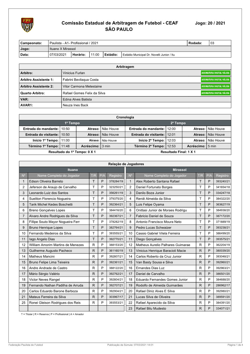 Comissão Estadual De Arbitragem De Futebol - CEAF Jogo: 20 / 2021 SÃO PAULO