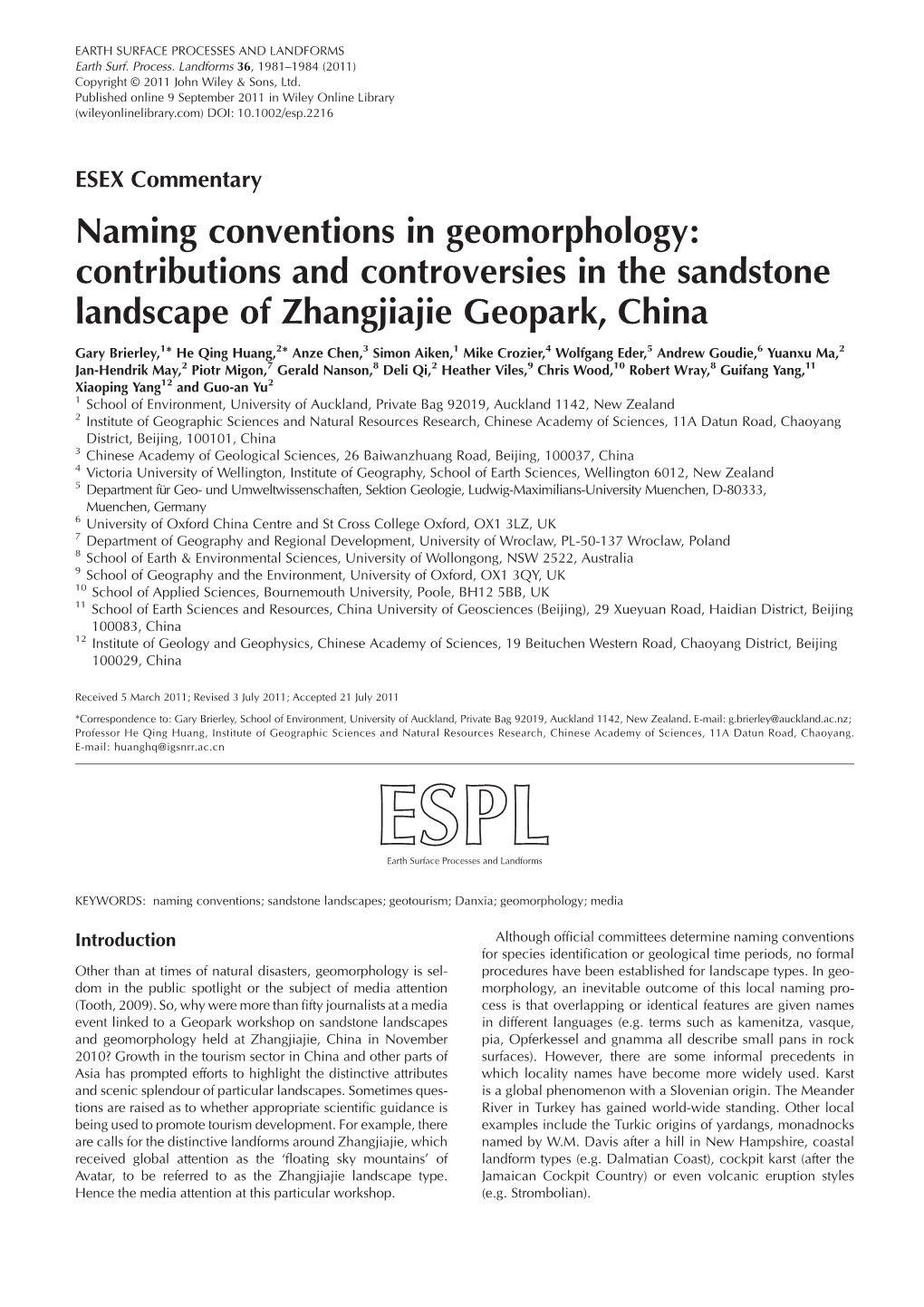 Naming Conventions in Geomorphology: Contributions and Controversies in the Sandstone Landscape of Zhangjiajie Geopark, China